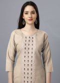Beige color Cotton  Party Wear Kurti with Embroidered - 1
