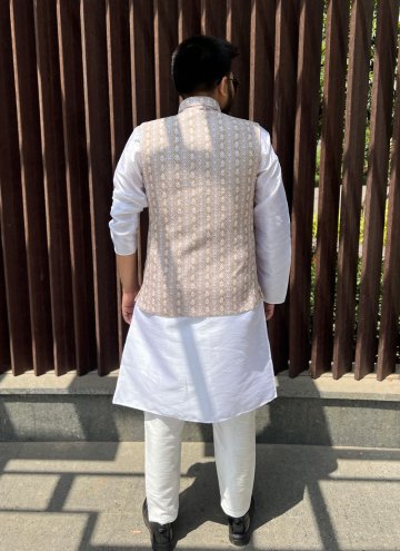 Beige color Embroidered Cotton  Nehru Jackets