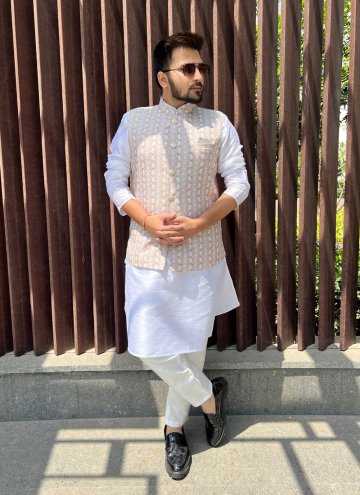 Beige color Embroidered Cotton  Nehru Jackets