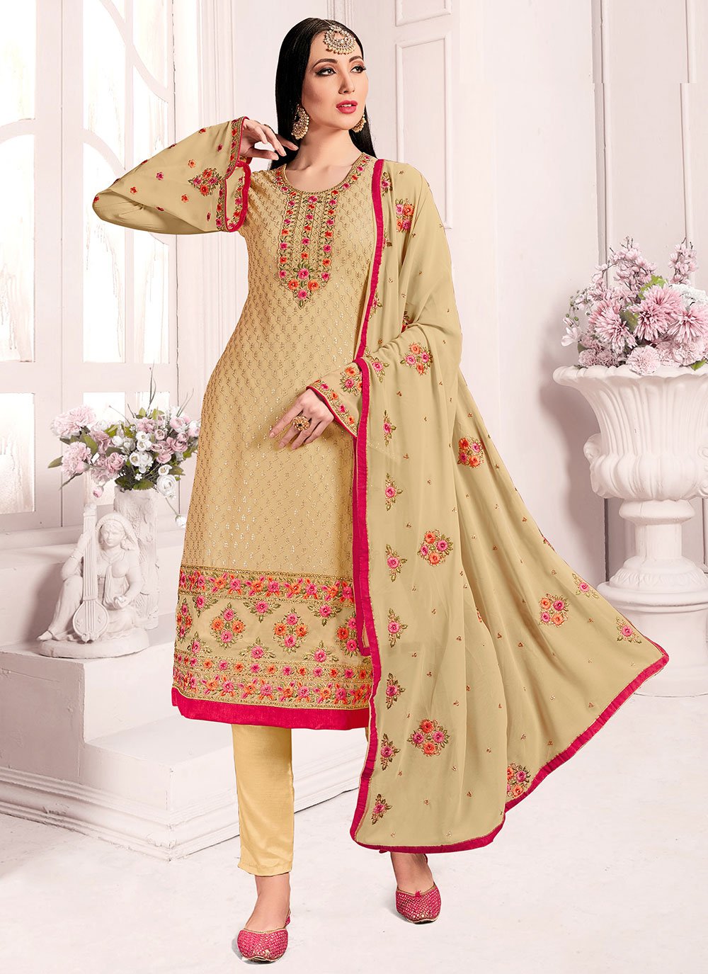 Beige color Embroidered Faux Georgette Pant Style Suit