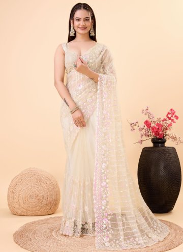 Beige color Embroidered Net Trendy Saree