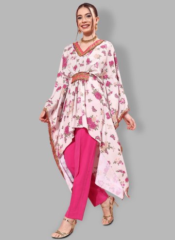 Beige color Faux Crepe Party Wear Kurti with Floral Print