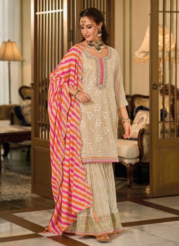 Beige color Faux Georgette Palazzo Suit with Embroidered