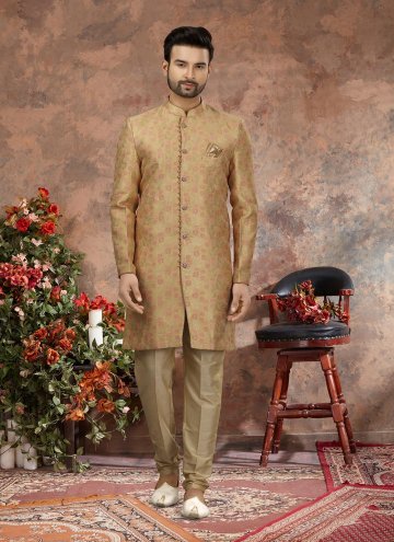 Beige color Jacquard Sherwani with Embroidered