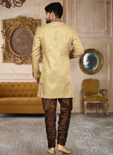 Beige color Jamawar Indo Western Sherwani with Embroidered