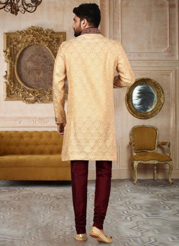 Beige color Jamawar Indo Western Sherwani with Embroidered