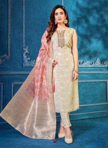 Beige color Silk Pant Style Suit with Embroidered