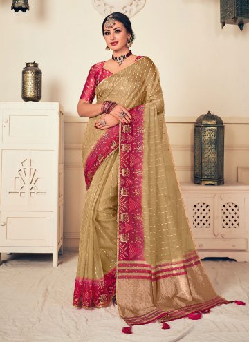 Beige color Silk Trendy Saree with Embroidered