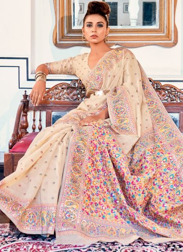 Beige color Woven Satin Silk Classic Designer Saree