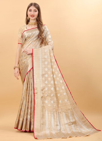 Beige color Woven Silk Designer Saree