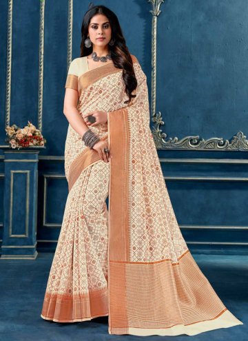 Beige Contemporary Saree in Cotton  with Printed
