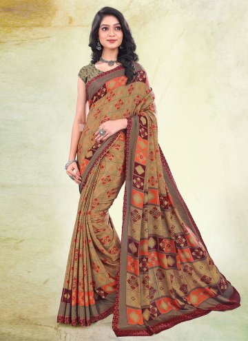 Beige Contemporary Saree in Faux Crepe with Printe
