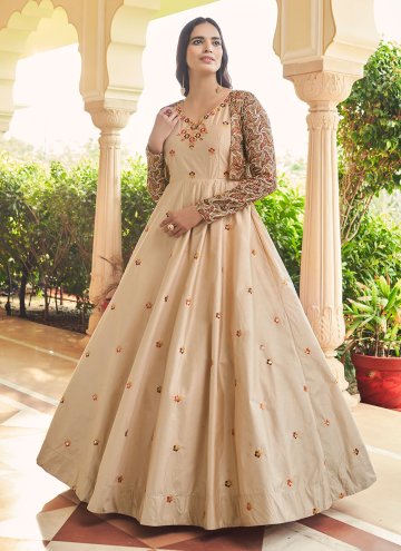 Beige Cotton  Embroidered Gown