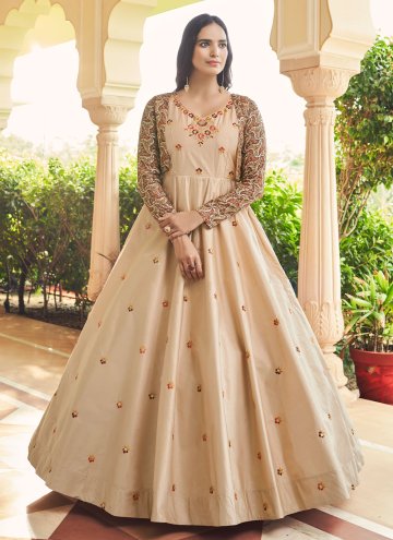 Beige Cotton  Embroidered Gown