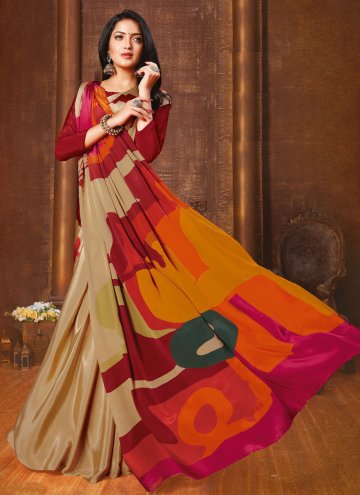 Beige Faux Crepe Abstract Print Contemporary Saree for Casual