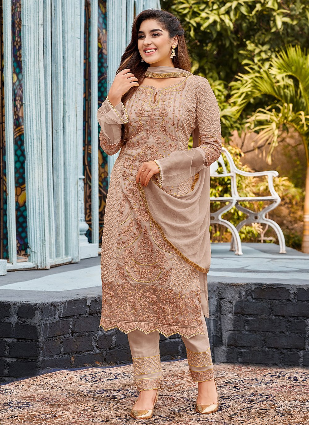 Beige Faux Georgette Embroidered Straight Salwar Suit for Festival