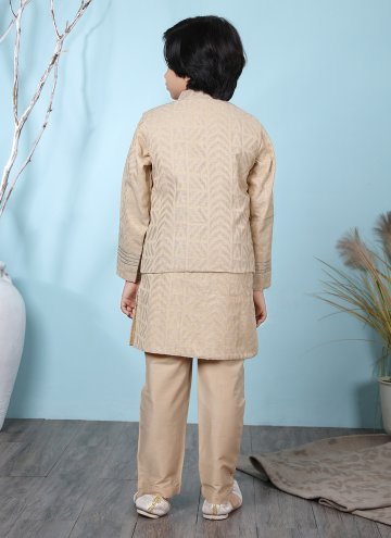 Beige Handloom Silk Jacquard Work Kurta Payjama With Jacket
