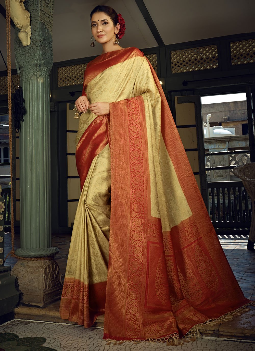 Beige Kanjivaram Silk Woven Contemporary Saree for Engagement