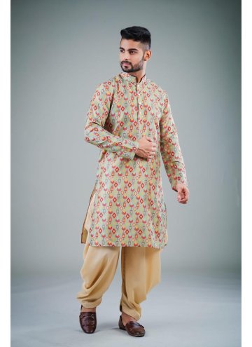 Beige Kurta Pyjama in Cotton Satin with Print