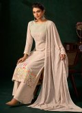 Beige Palazzo Suit in Georgette with Embroidered - 1