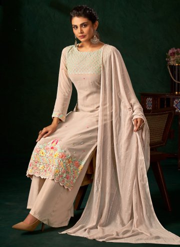 Beige Palazzo Suit in Georgette with Embroidered