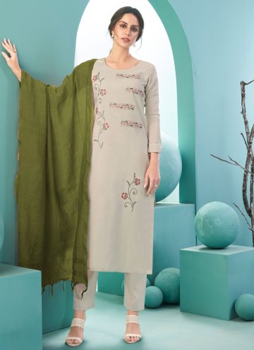 Beige Pant Style Suit in Cotton  with Embroidered