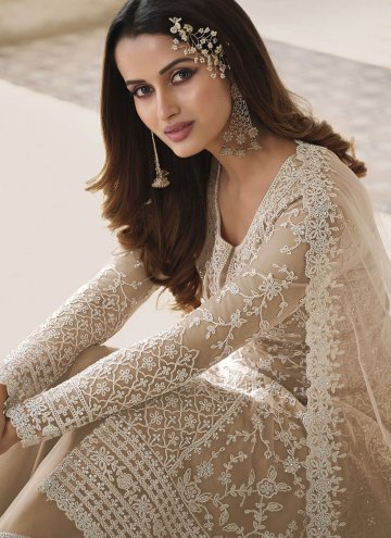 Beige Salwar Suit in Net with Embroidered
