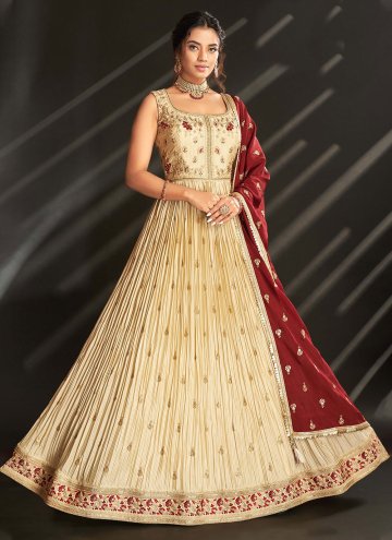Beige Silk Embroidered Readymade Designer Gown for
