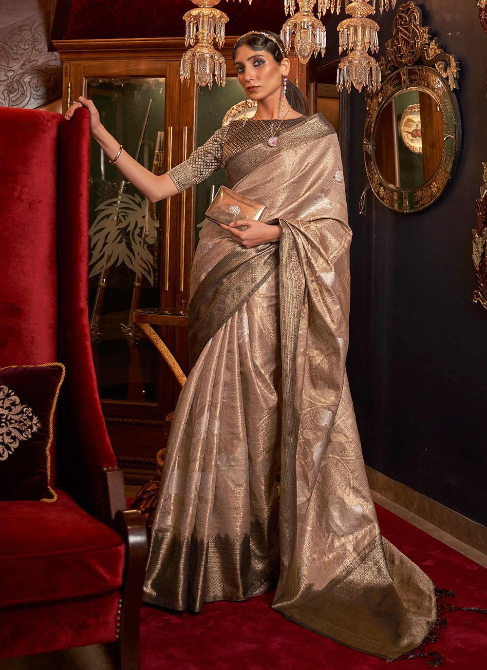 Beige Silk Woven Classic Designer Saree for Wedding