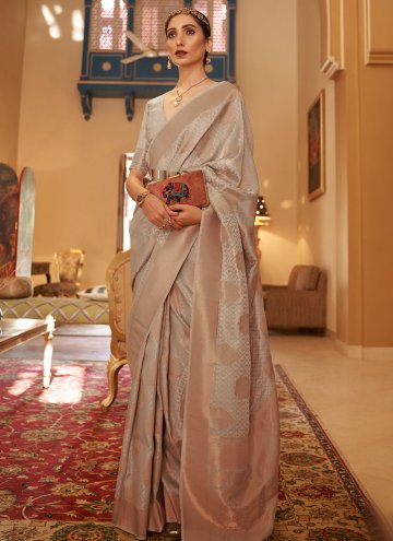 Beige Traditional Saree in Handloom Silk with Wove