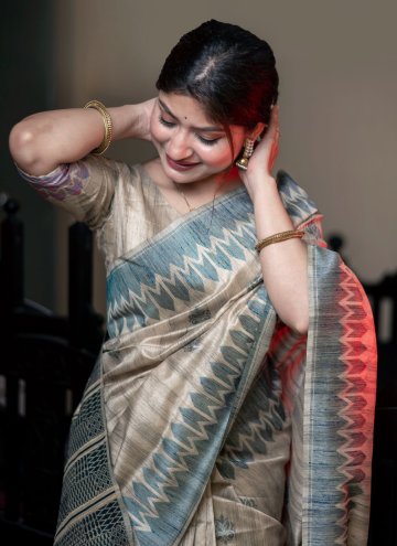 Beige Tussar Silk Designer Trendy Saree for Ceremonial