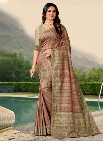 Beige Tussar Silk Katha Classic Designer Saree for