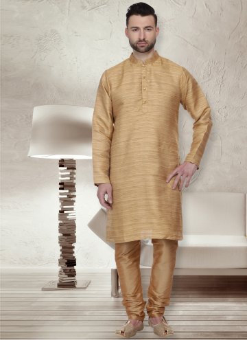 Bhagalpuri Silk Kurta Pyjama in Gold Enhanced with Plain Work