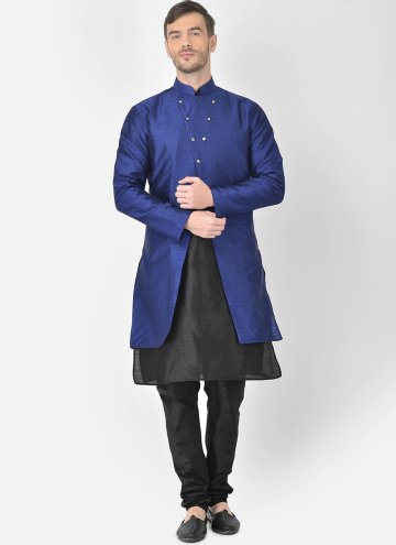Black and Blue Art Dupion Silk Fancy work Kurta Payjama With Jacket for Ceremonial