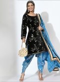 Black and Blue color Embroidered Velvet Patiala Suit - 1