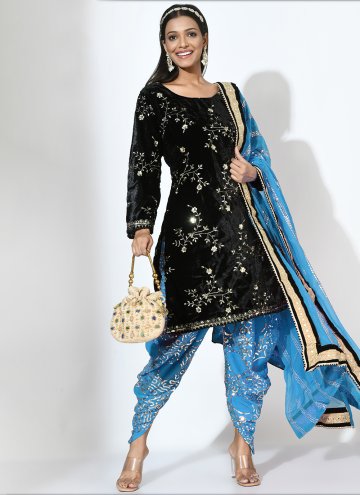 Black and Blue color Embroidered Velvet Patiala Suit