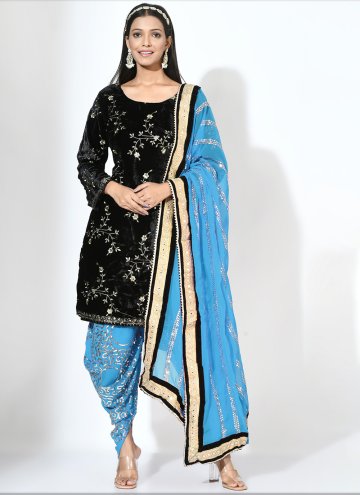 Black and Blue color Embroidered Velvet Patiala Suit