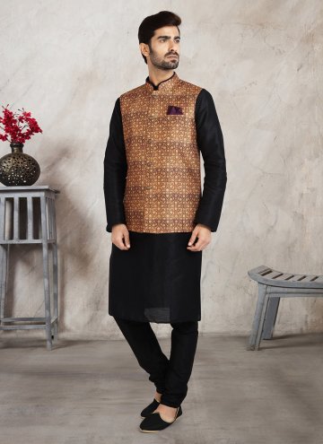 Black and Brown color Banarasi Kurta Payjama With Jacket with Printed