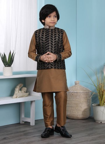 Black and Brown Cotton Silk Jacquard Work Kurta Payjama With Jacket