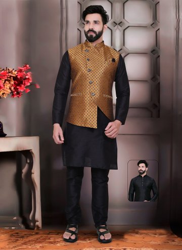 Black and Gold Kurta Payjama With Jacket in Jacquard with Fancy work