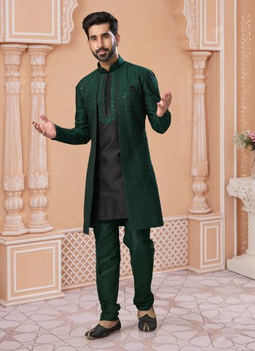 Black and Green color Banglori Silk Indo Western Sherwani with Embroidered