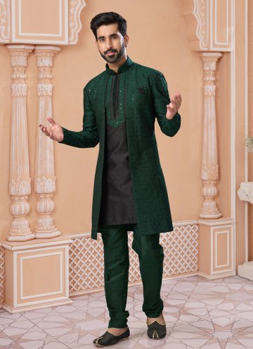 Black and Green color Embroidered Banglori Silk Indo Western Sherwani