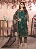 Black and Green Pant Style Suit in Net with Embroidered - 1