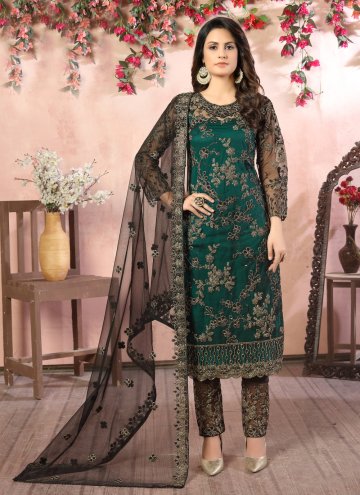 Black and Green Pant Style Suit in Net with Embroidered