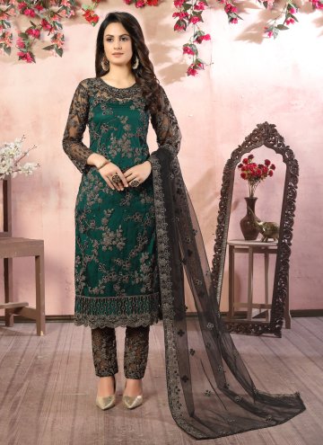Black and Green Pant Style Suit in Net with Embroidered