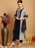 Black and Grey Chanderi Embroidered Pant Style Suit for Ceremonial - 1