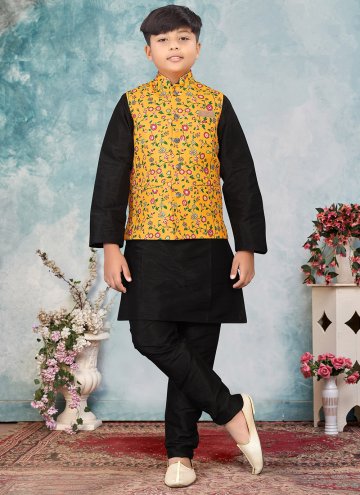 Black and Mustard Kurta Payjama With Jacket in Jute with Digital Print