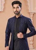 Black and Navy Blue Banglori Silk Embroidered Indo Western Sherwani for Ceremonial - 1