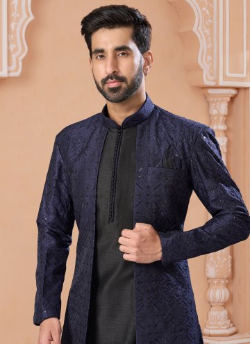 Black and Navy Blue Banglori Silk Embroidered Indo Western Sherwani for Ceremonial
