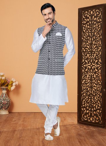 Black and Off White Banarasi Fancy work Kurta Payjama With Jacket for Ceremonial